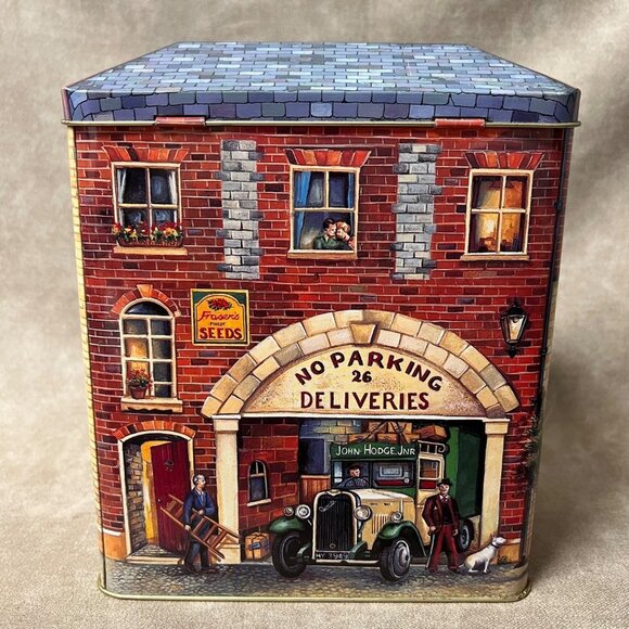 VTG Metal Tin Toy Shop Front Canister With Canopy. Dept 56 9” Tall 5”W.& D. - Picture 5 of 6